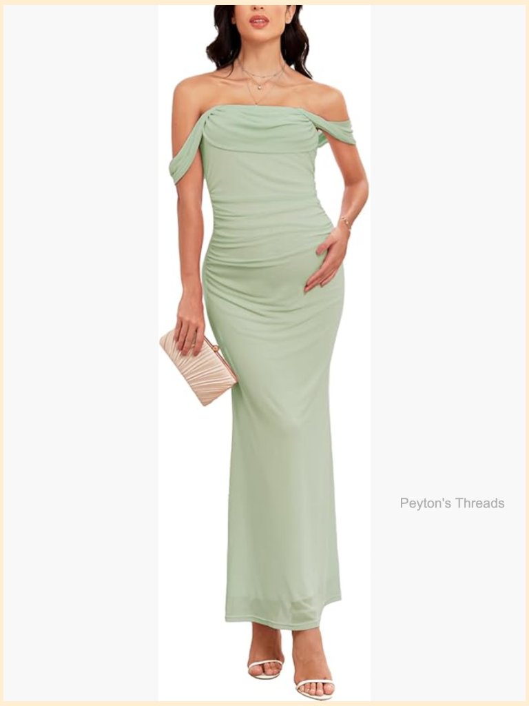 Maternity Off The Shoulder Mesh Maxi Dress Ruched Bodycon